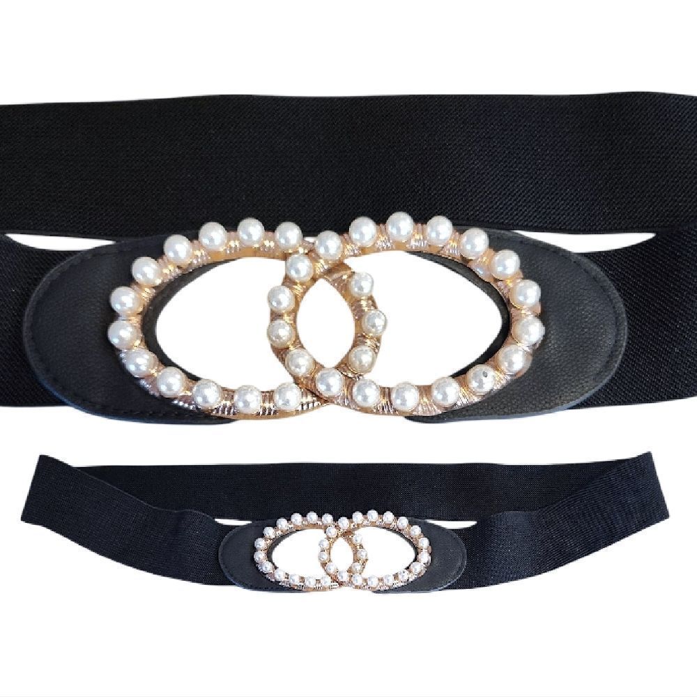 VTG 80s Stretchy Black Faux Pearl Accent Waist Belt *Plussize XL- 3XL